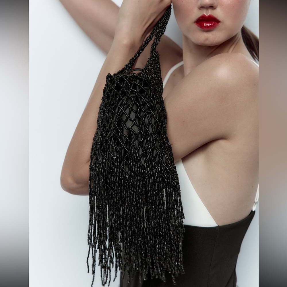 Zara Black Beaded Small Bucket Bag New